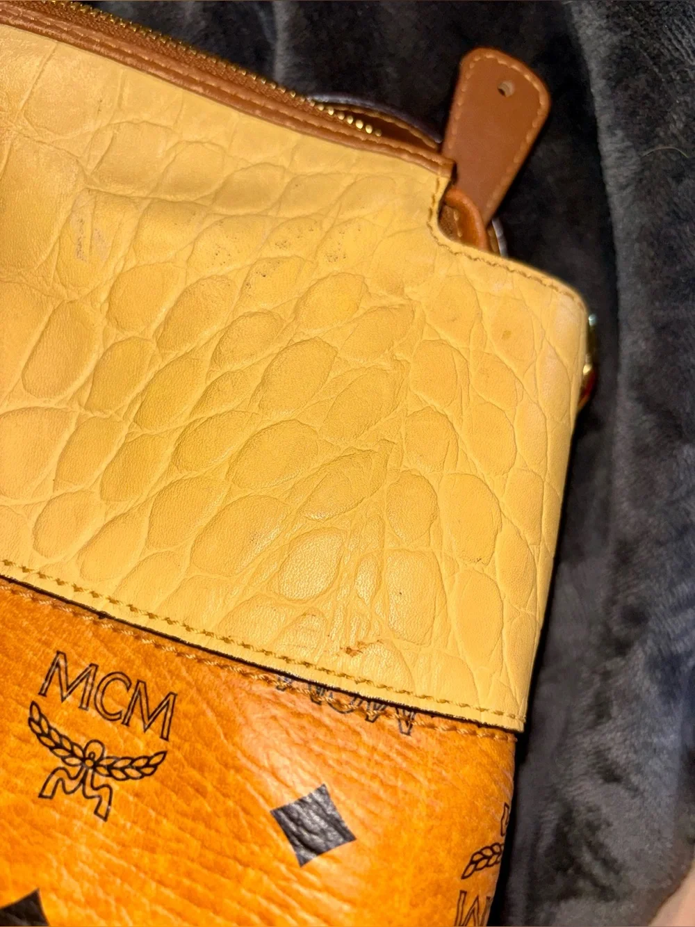 MCM Two-Tone Cognac/Light Yellow Embossed Leather 2-way Tote Y2K
